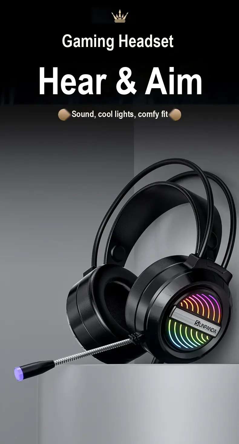 Black RGB gaming headset with boom microphone, shown beneath Chinese promotional text.