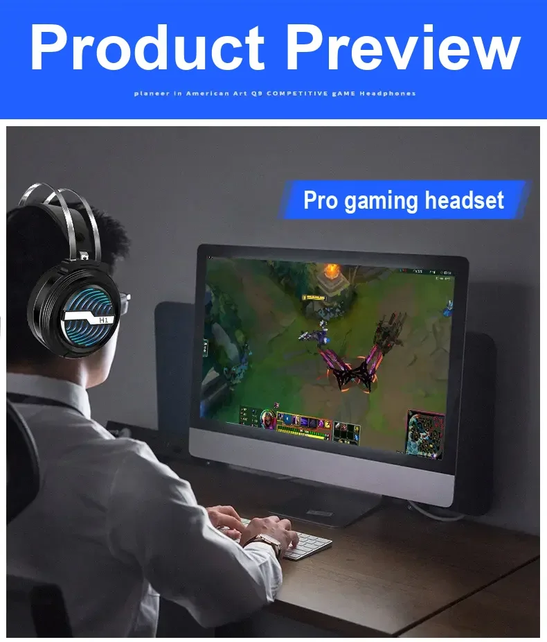 Person wearing a black gaming headset at a desktop computer.