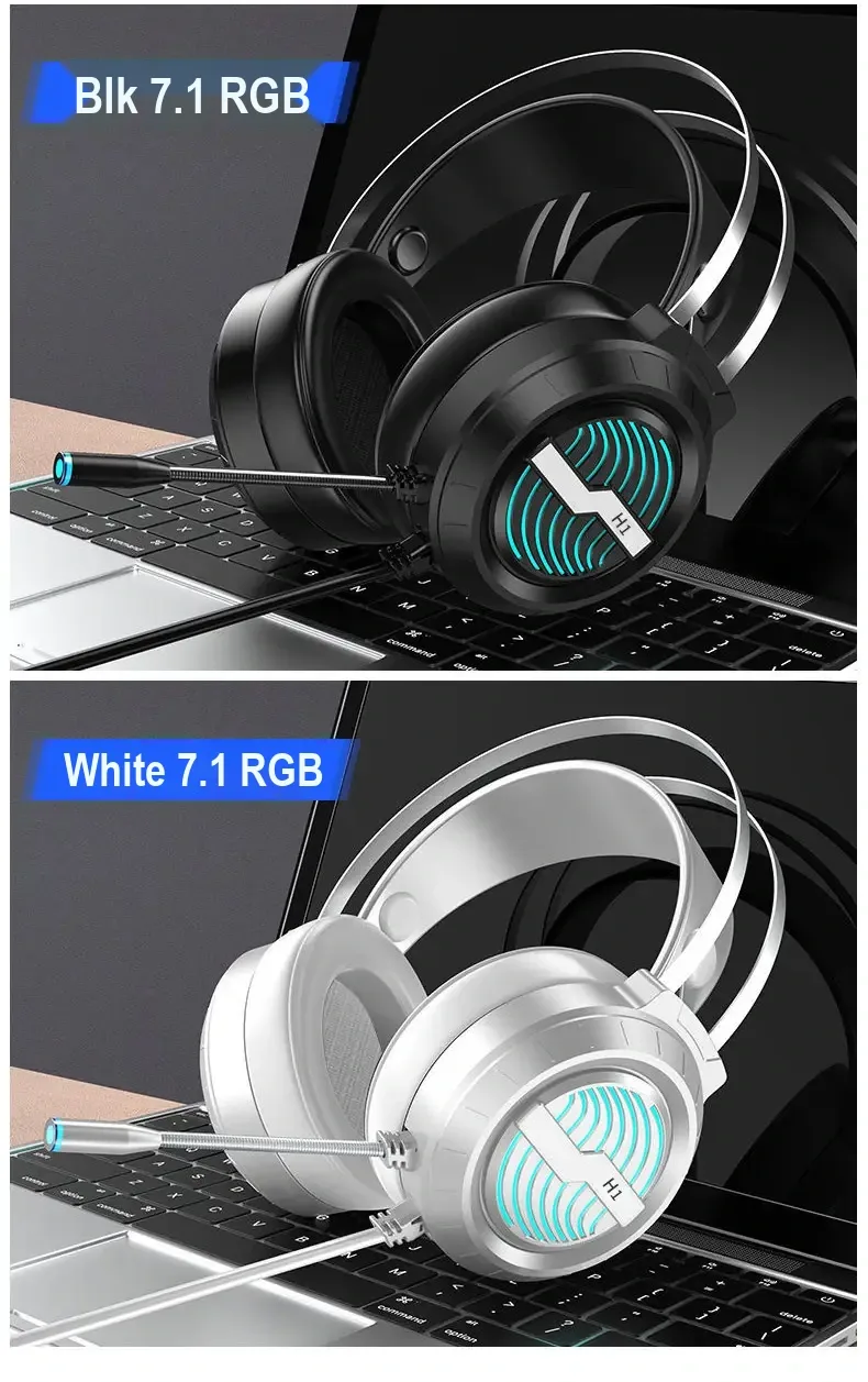 Black and white light-up headset variants shown on a laptop keyboard.