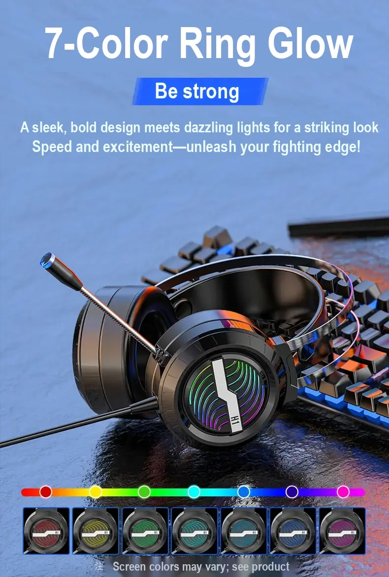 Black headset with multicolour RGB earcup lighting beside a keyboard.