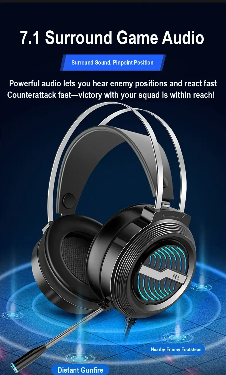 Black headset with blue-lit earcup, shown with a virtual 7.1 audio graphic.