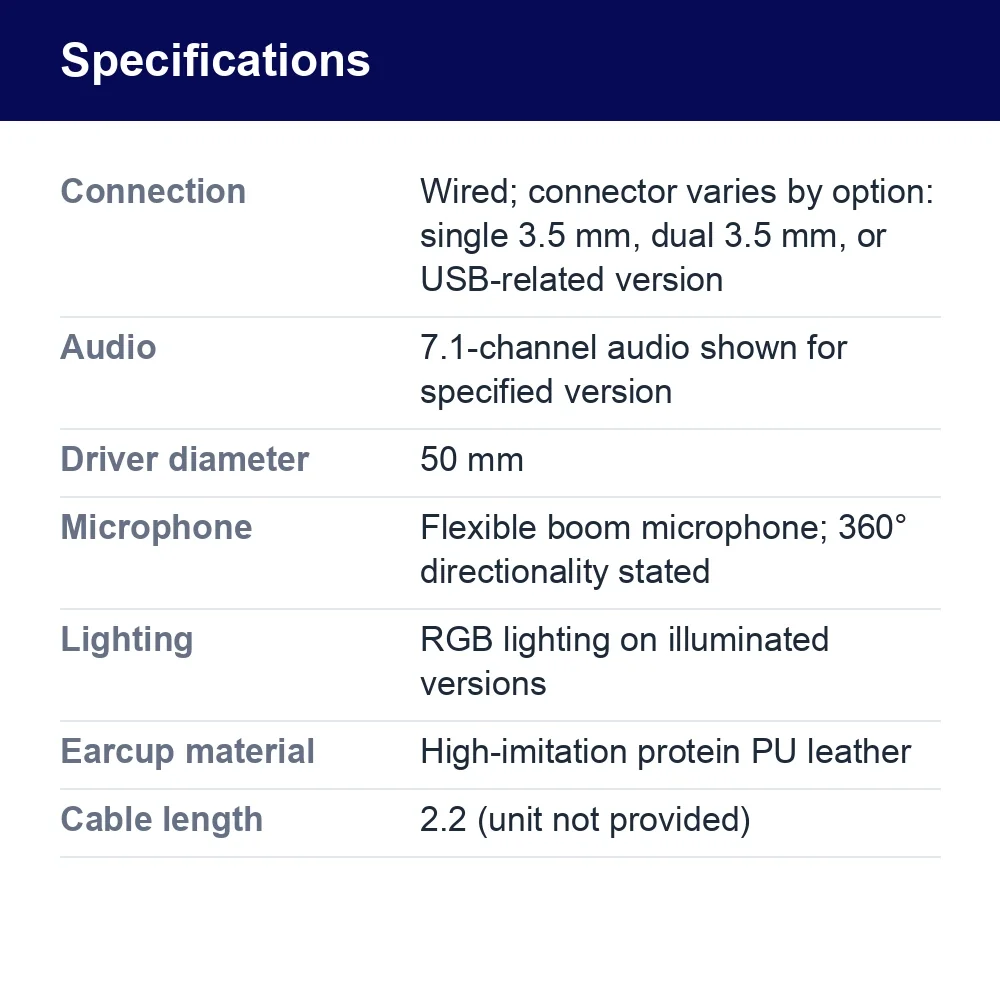 Wired Gaming Headset – 7.1 Audio, RGB Lights, Mic – specifications