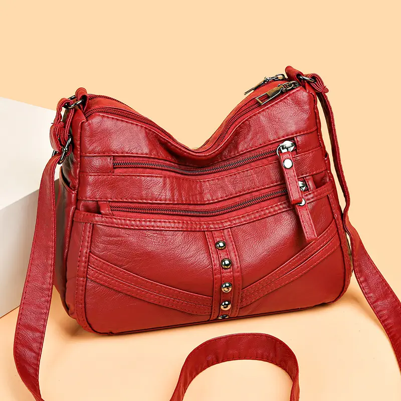 Red Leather Crossbody Bag with Multiple Pockets - Image 5