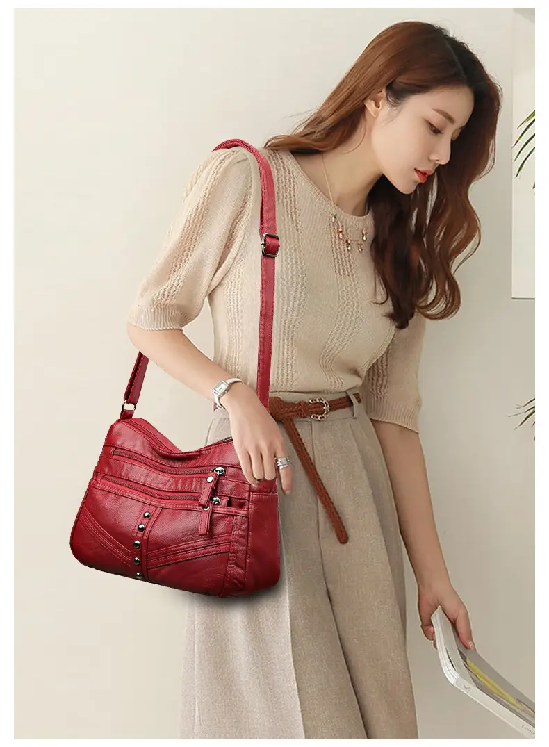 Red Leather Crossbody Bag with Multiple Pockets — feature 5
