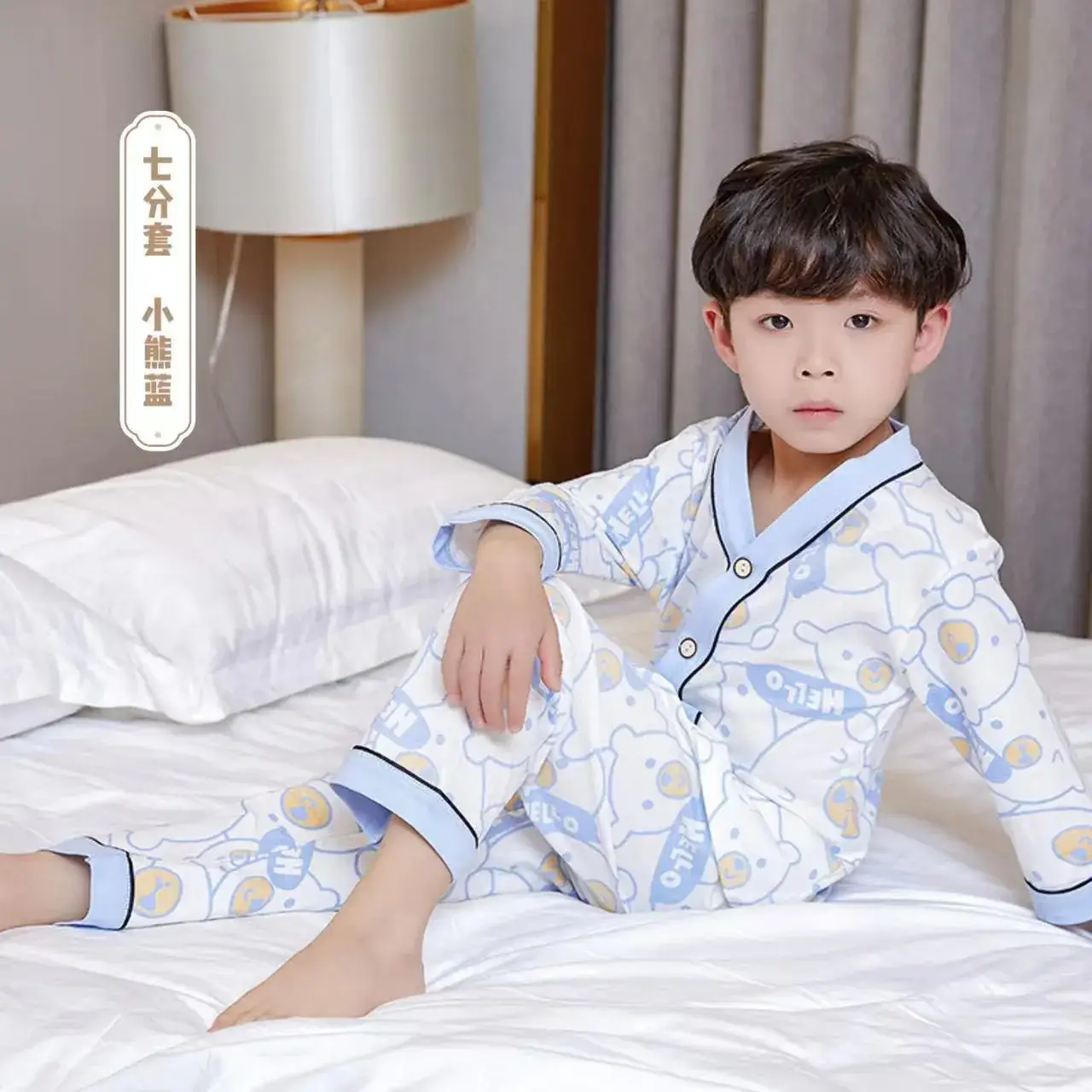 Children's spring and summer cotton home clothing suit big children's V-neck cardigan pajamas men's and women's treasure air conditioning clothing a generation of hair