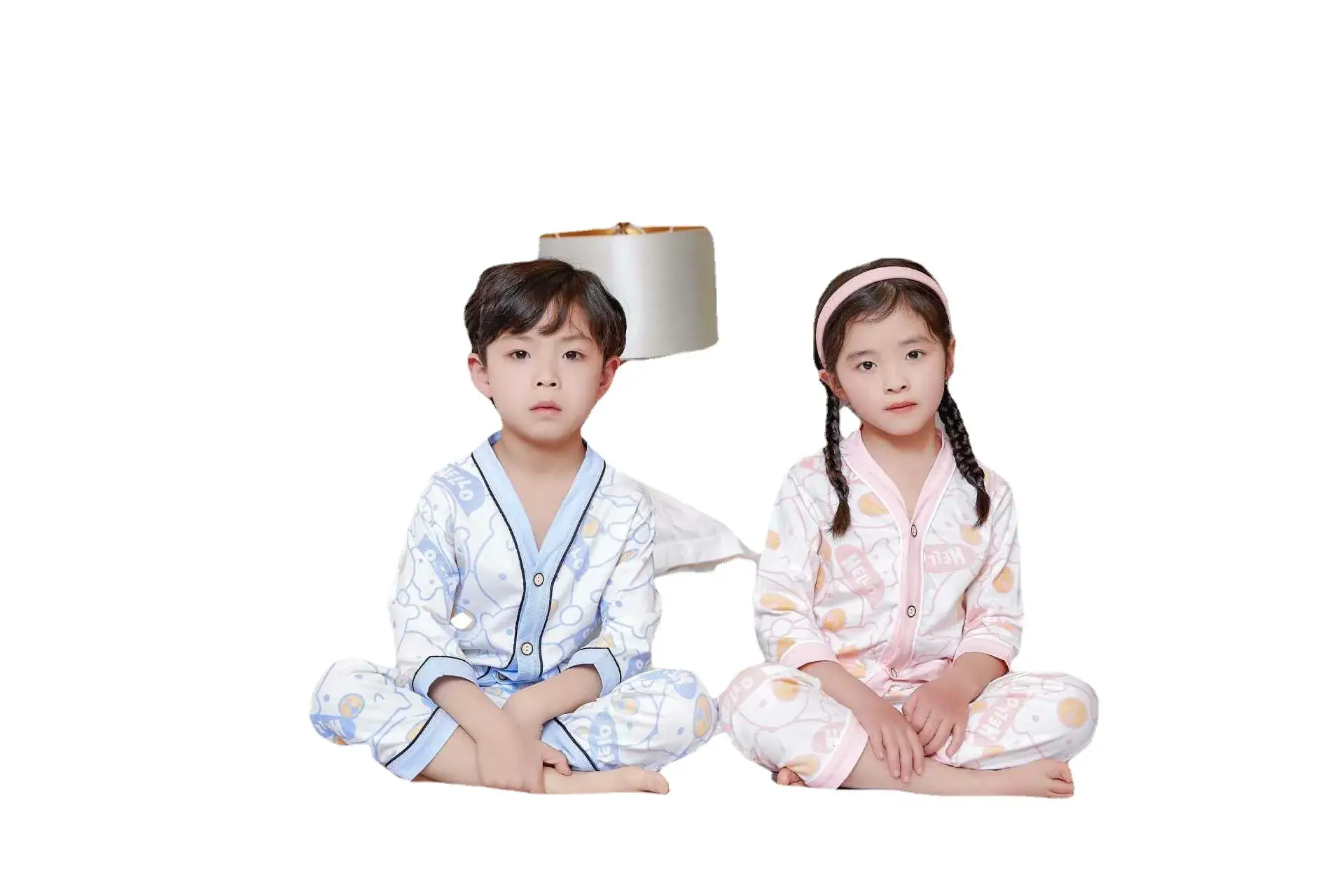 Children's spring and summer cotton home clothing suit big children's V-neck cardigan pajamas men's and women's treasure air conditioning clothing a generation of hair