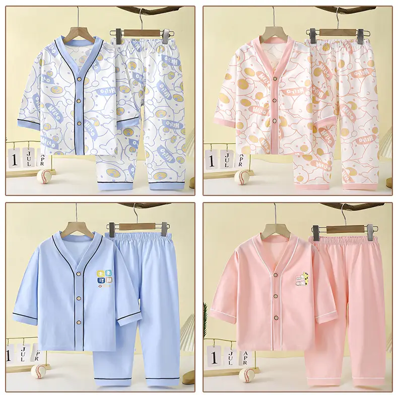 Children's spring and summer cotton home clothing suit big children's V-neck cardigan pajamas men's and women's treasure air conditioning clothing a generation of hair — feature 14