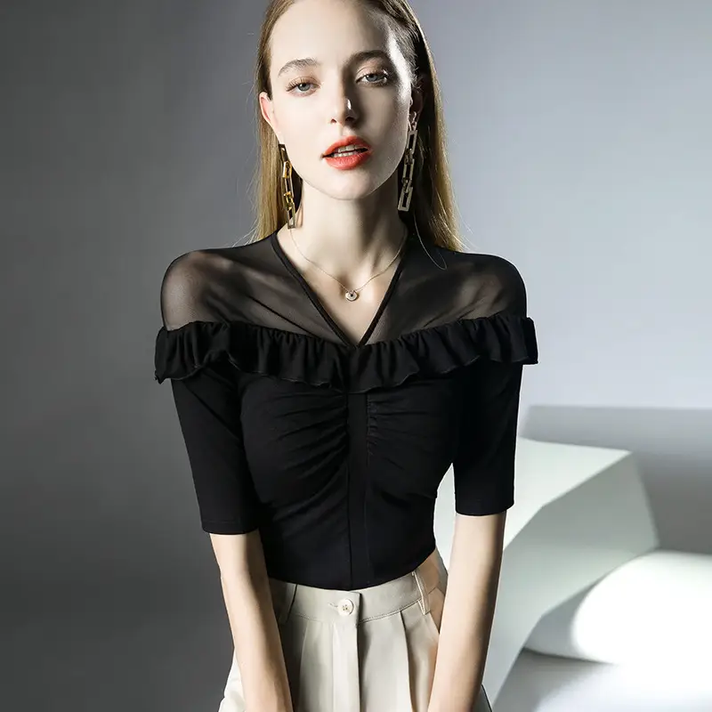 Western-style ruffled top micro-transparent mesh half sleeve black