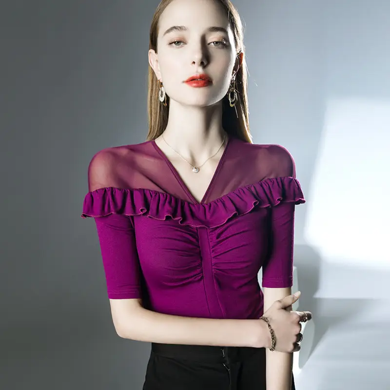 Western-style ruffled top micro-transparent mesh half sleeve black
