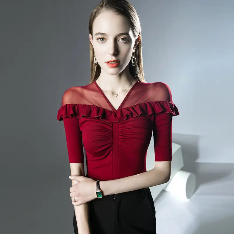 Western-style ruffled top micro-transparent mesh half sleeve black