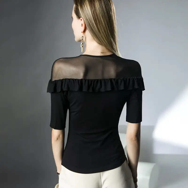 Western-style ruffled top micro-transparent mesh half sleeve black