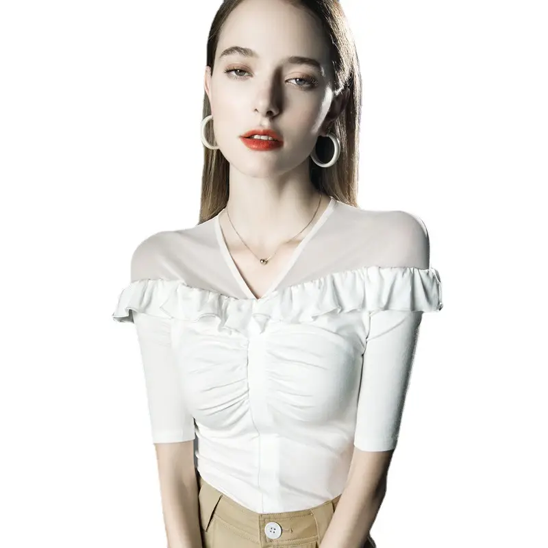 Western-style ruffled top micro-transparent mesh half sleeve black