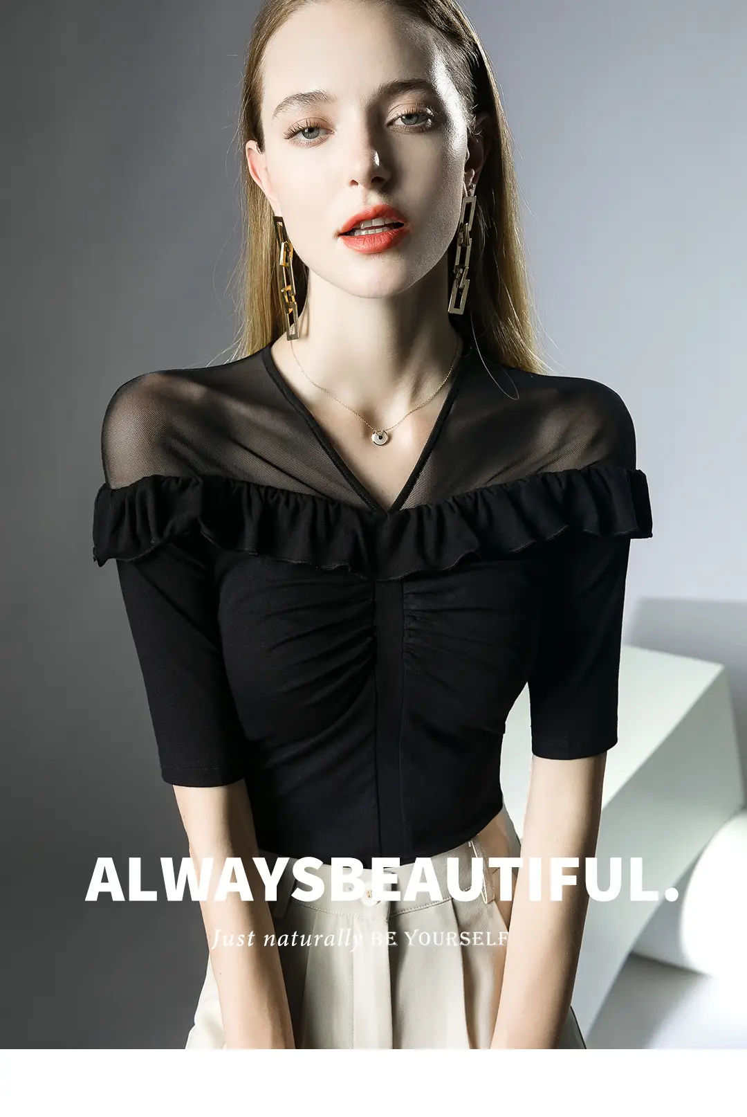 Western-style ruffled top micro-transparent mesh half sleeve black — feature 1