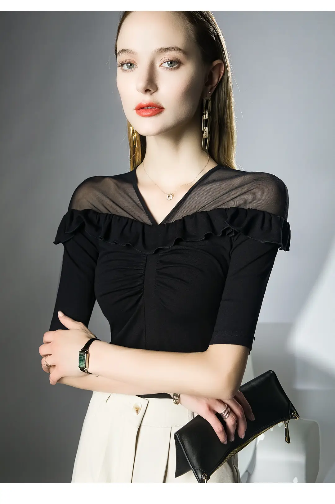 Western-style ruffled top micro-transparent mesh half sleeve black — feature 7