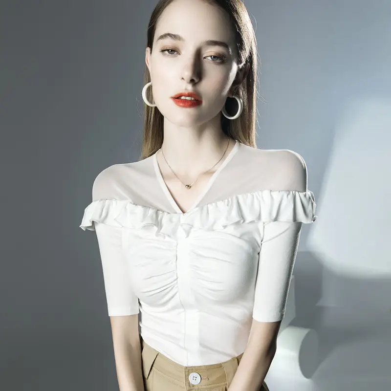 Western-style ruffled top micro-transparent mesh half sleeve black