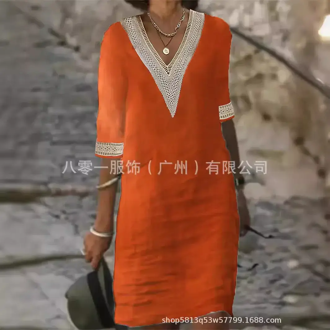 2023 V-Neck Cotton Linen Dress Orange Women - Image 9