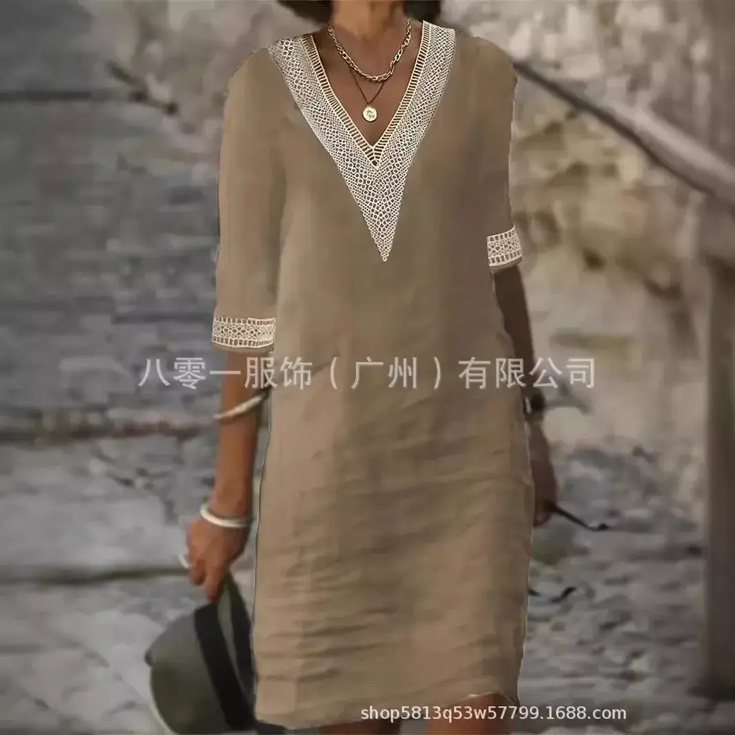 2023 V-Neck Cotton Linen Dress Orange Women - Image 10