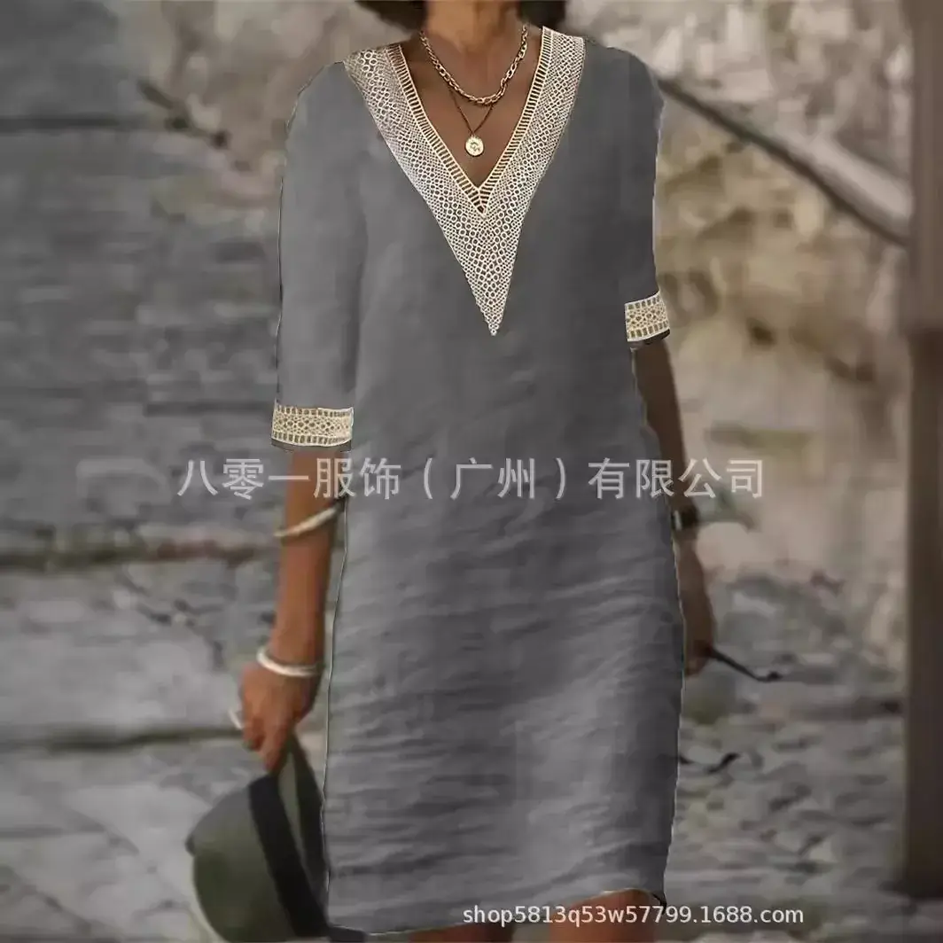 2023 V-Neck Cotton Linen Dress Orange Women - Image 11