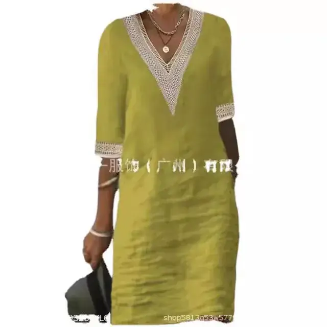 2023 V-Neck Cotton Linen Dress Orange Women - Image 12