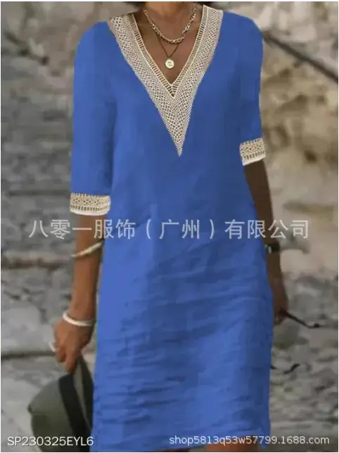 2023 V-Neck Cotton Linen Dress Orange Women — feature 10