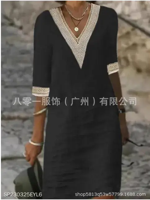 2023 V-Neck Cotton Linen Dress Orange Women — feature 11