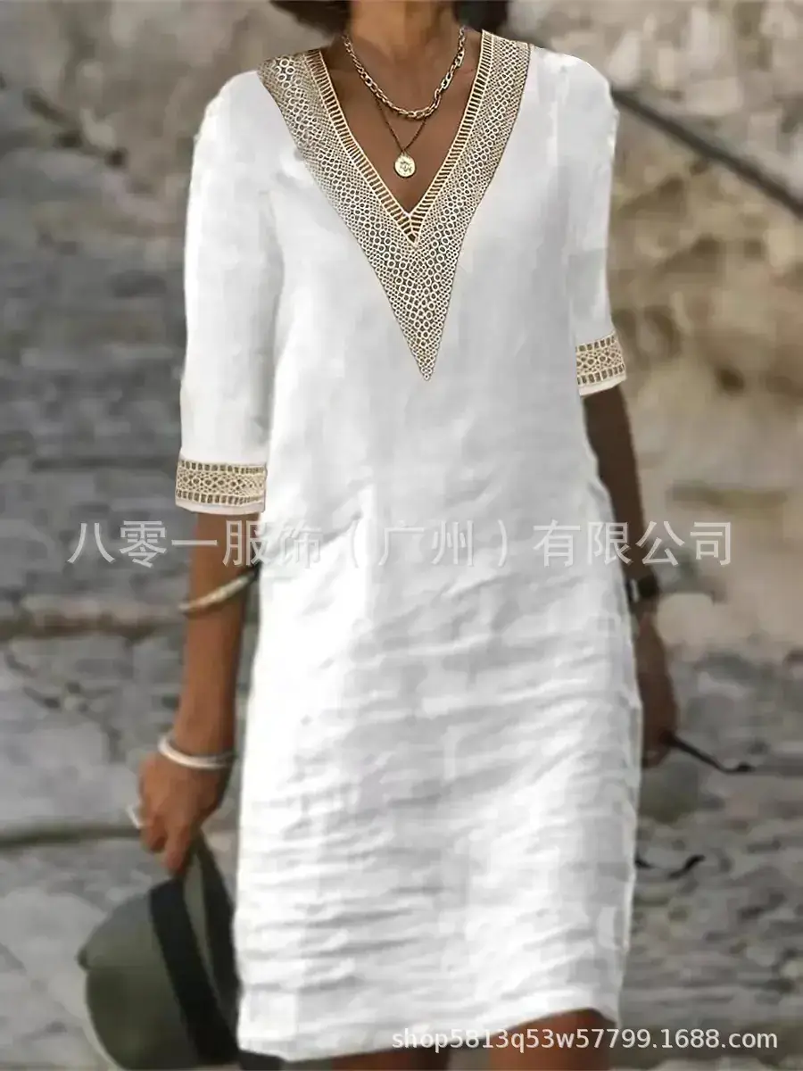 2023 V-Neck Cotton Linen Dress Orange Women — feature 4
