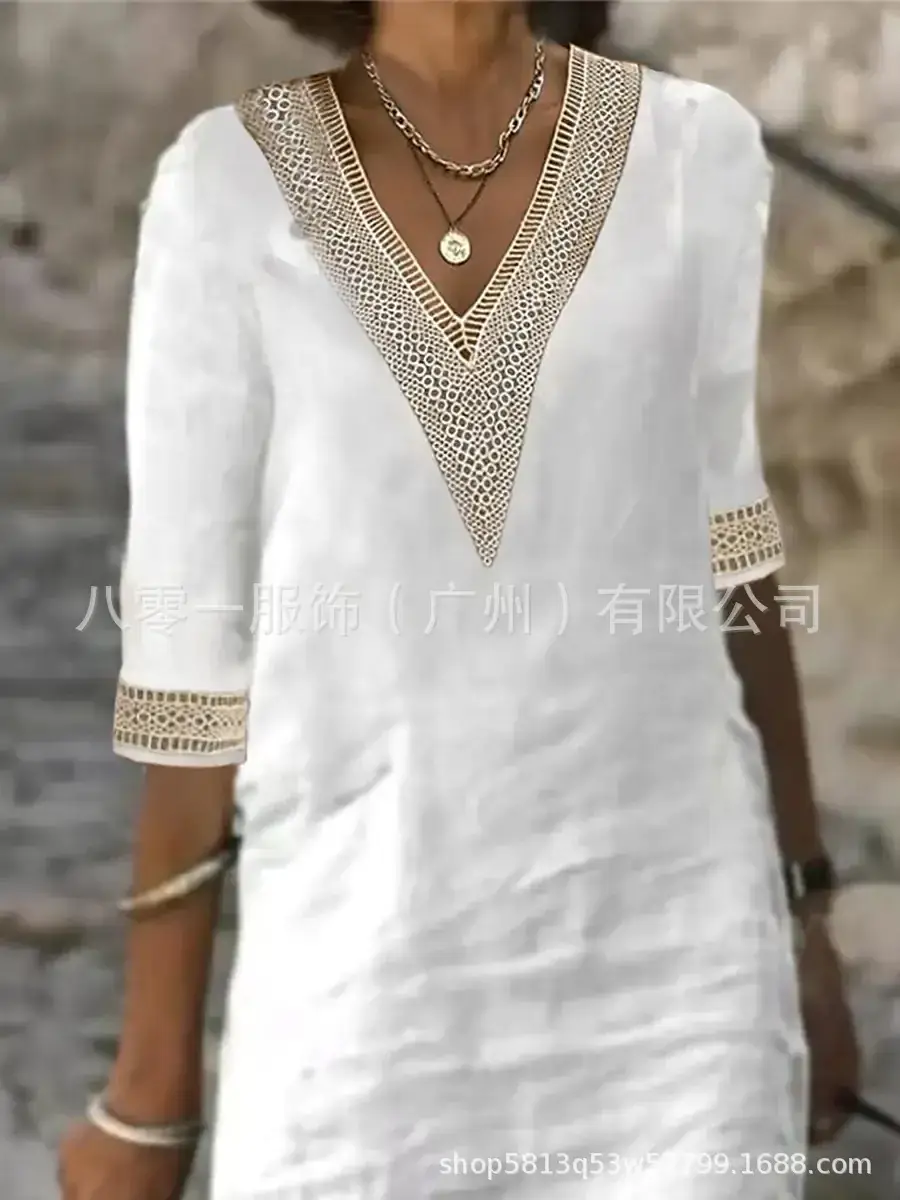 2023 V-Neck Cotton Linen Dress Orange Women — feature 5
