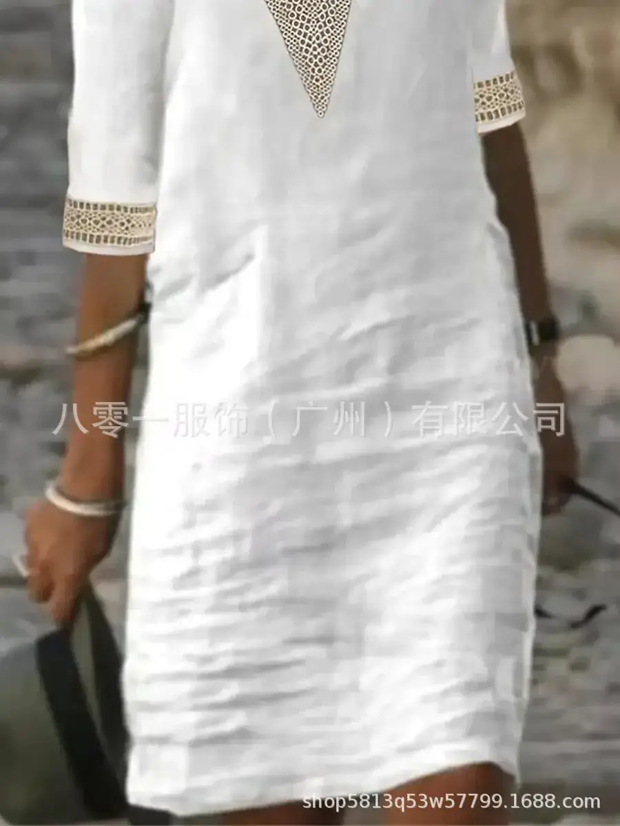 2023 V-Neck Cotton Linen Dress Orange Women — feature 6
