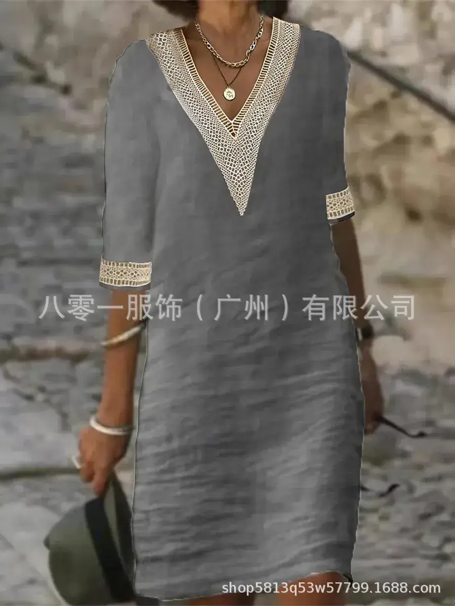 2023 V-Neck Cotton Linen Dress Orange Women — feature 9