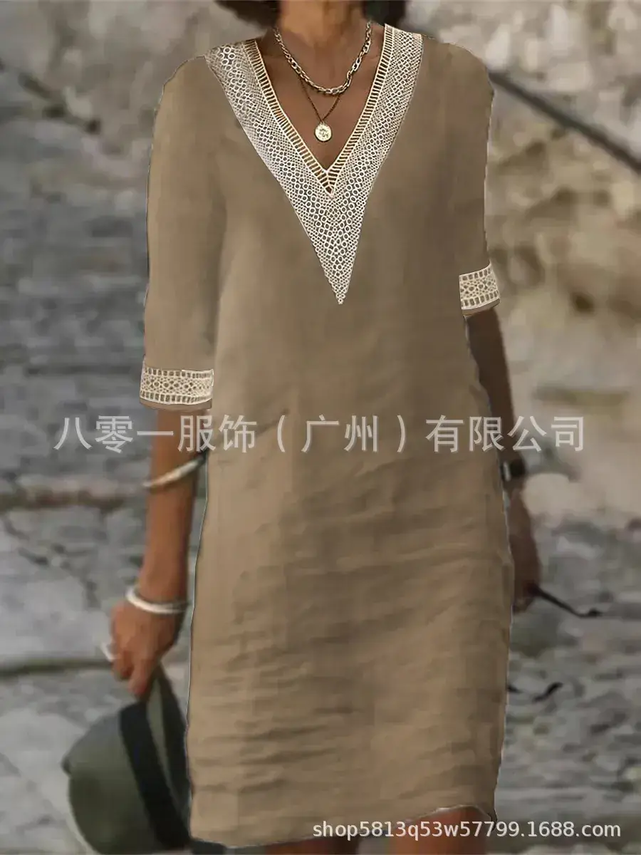 2023 V-Neck Cotton Linen Dress Orange Women - Image 3