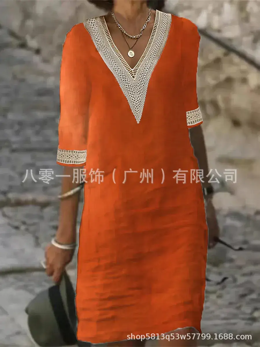 2023 V-Neck Cotton Linen Dress Orange Women - Image 4