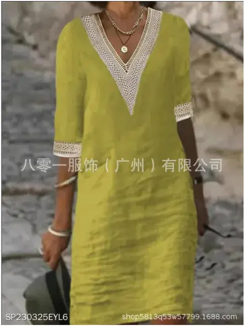 2023 V-Neck Cotton Linen Dress Orange Women - Image 6