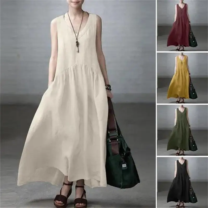Women's Sleeveless Loose Pleated Summer Dress Solid Color - Image 6