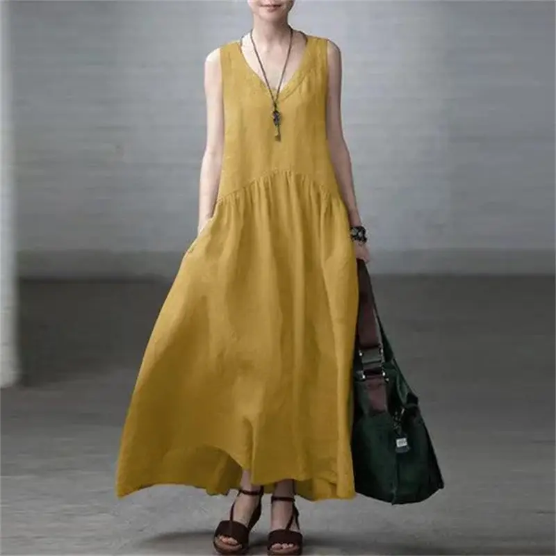 Women's Sleeveless Loose Pleated Summer Dress Solid Color - Image 3