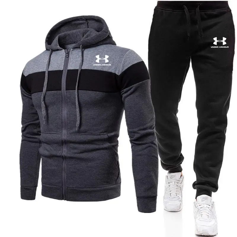 Men 3-Color Zipper Hoodie Set Large Sweatpants