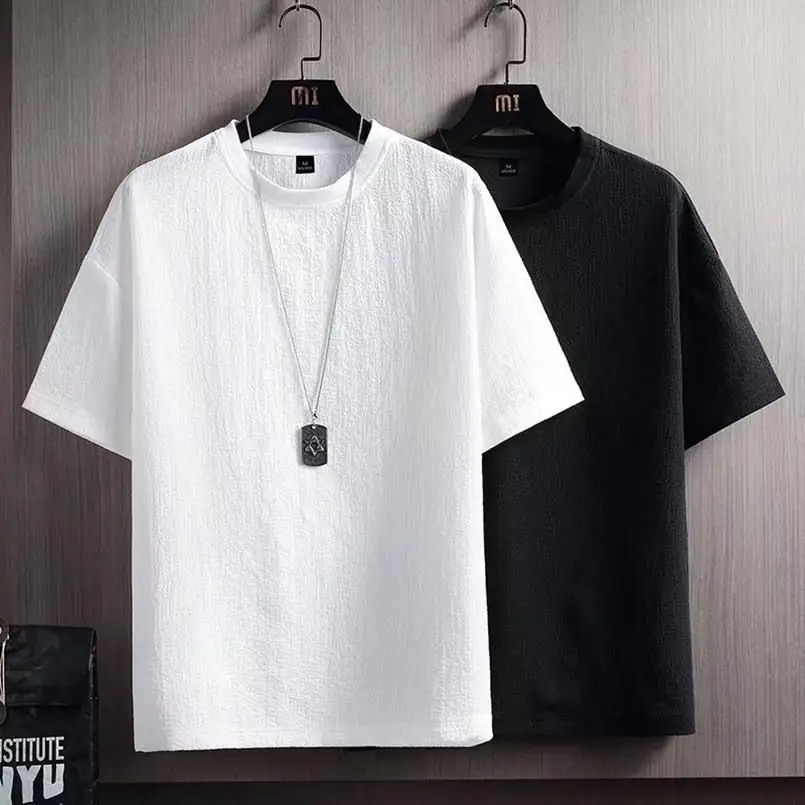 Men White Half-Sleeved Linen T-Shirt with Gray Stripes - Image 10