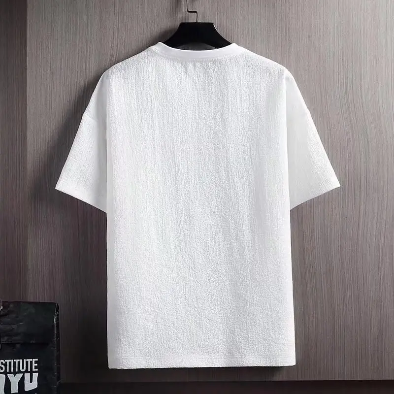 Men White Half-Sleeved Linen T-Shirt with Gray Stripes - Image 11