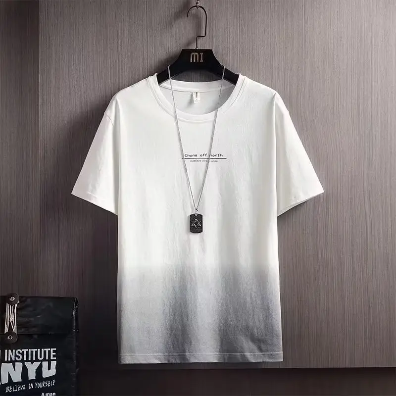 Men White Half-Sleeved Linen T-Shirt with Gray Stripes - Image 8