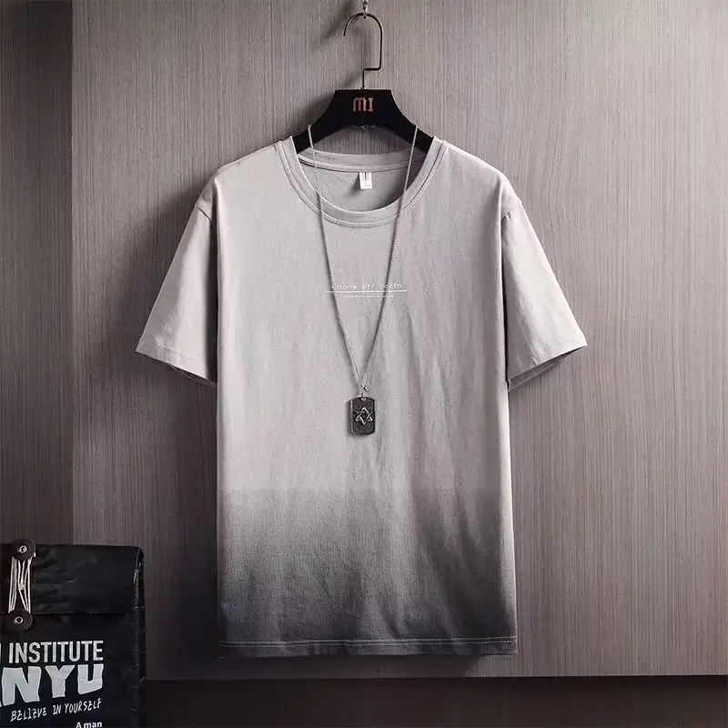 Men White Half-Sleeved Linen T-Shirt with Gray Stripes - Image 9