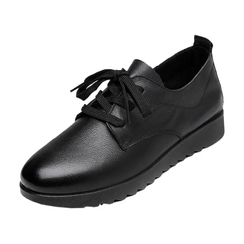 Women's Black Leather Flat Work Shoes for Restaurant & Hotel Use
