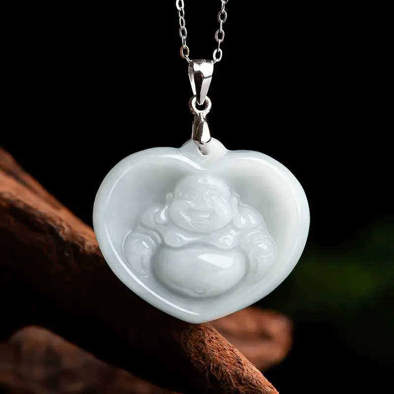 Natural Burmese Jade Heart Buddha Pendant S925 Silver