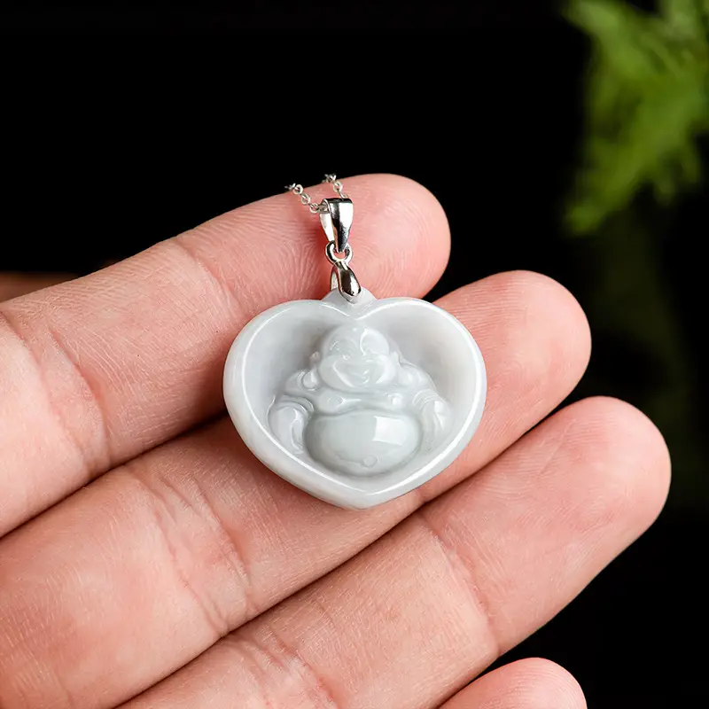 Natural Burmese Jade Heart Buddha Pendant S925 Silver