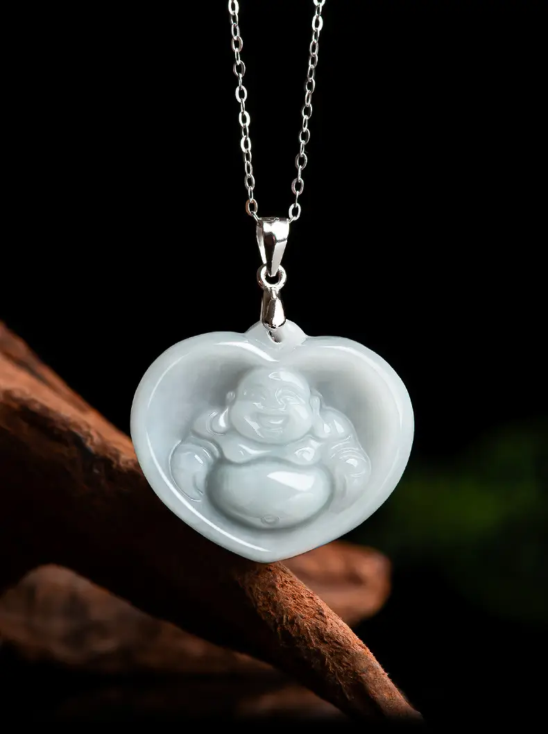 Natural Burmese Jade Heart Buddha Pendant S925 Silver — feature 1