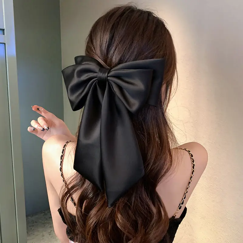 Satin Big Bow Hairpin for Women Spring Clip High-grade Black - Image 4