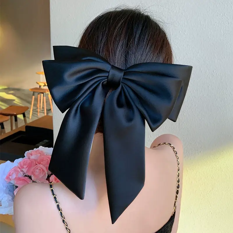 Satin Big Bow Hairpin for Women Spring Clip High-grade Black — feature 2