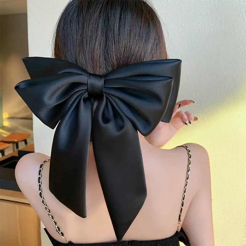 Satin Big Bow Hairpin for Women Spring Clip High-grade Black — feature 6
