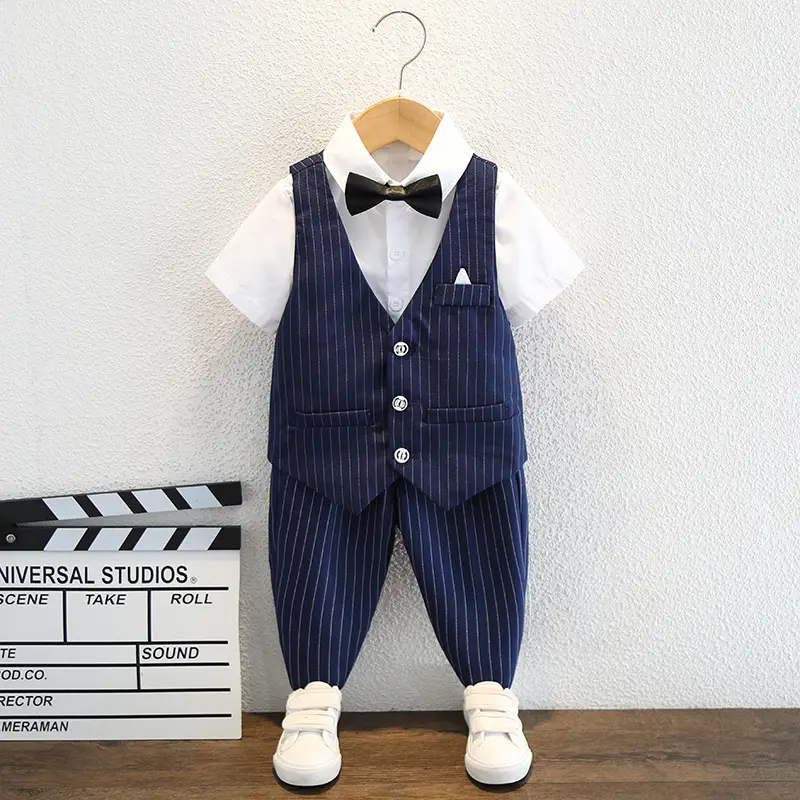 Boy's Pinstripe Suit Red Bow Tie Wedding Wear