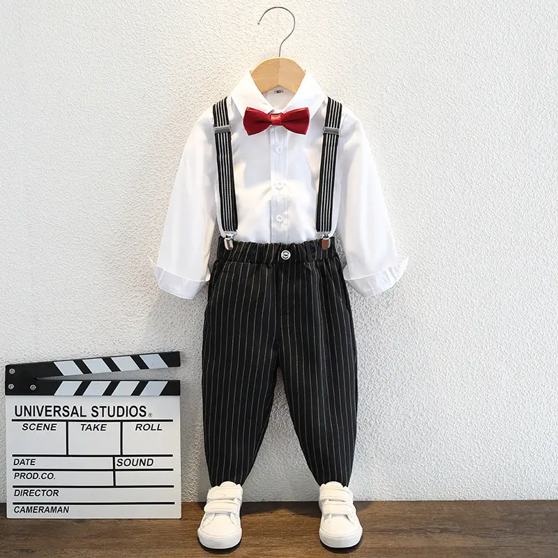 Boy's Pinstripe Suit Red Bow Tie Wedding Wear
