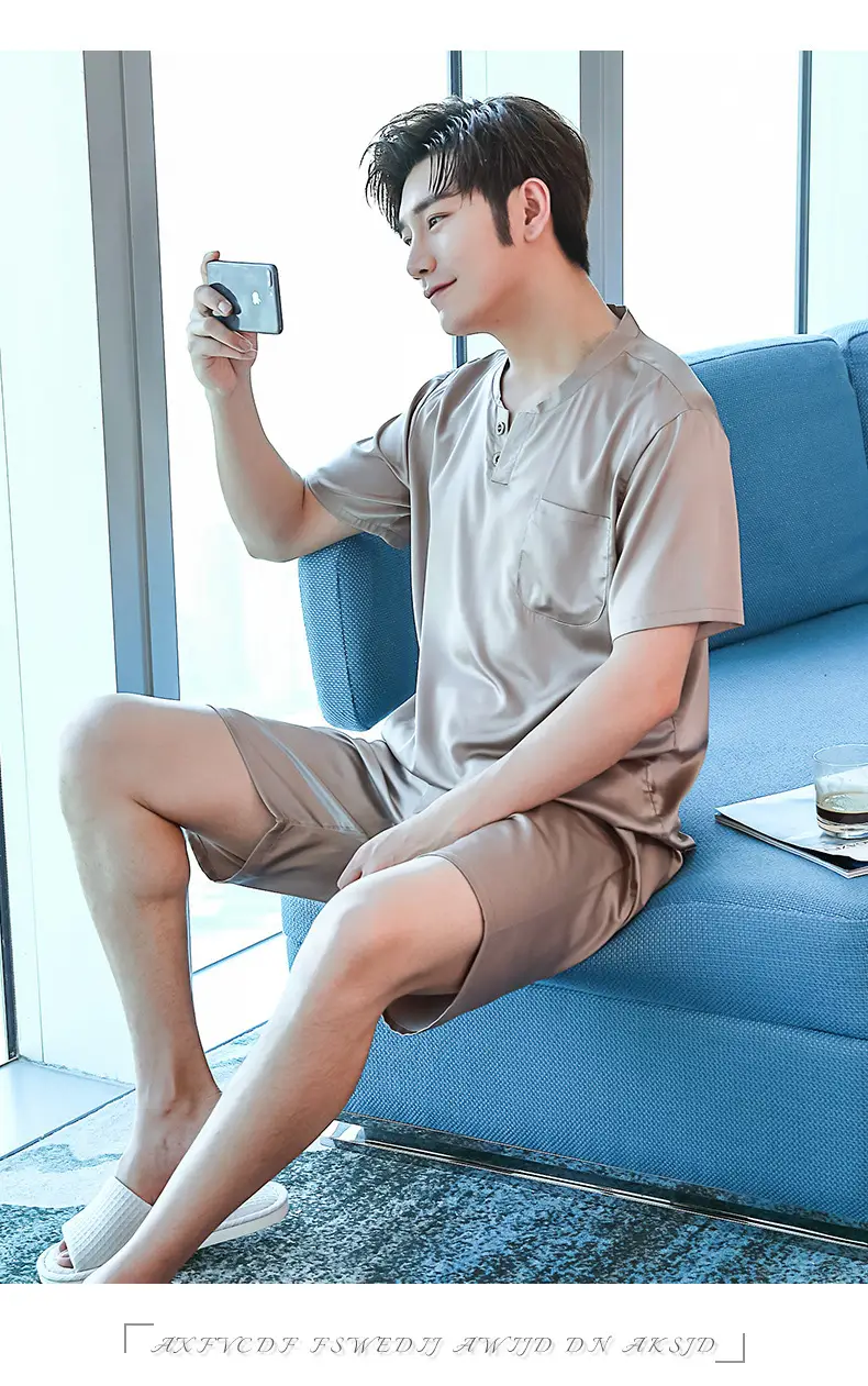 Men's Ice Silk Pajamas Extra Large Shorts Set — feature 14