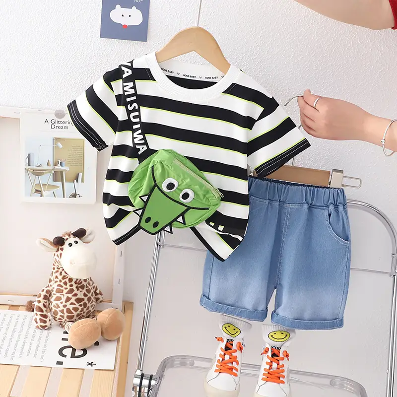 Kids Striped T-Shirt & Shorts Set Blue Shorts Green Bag